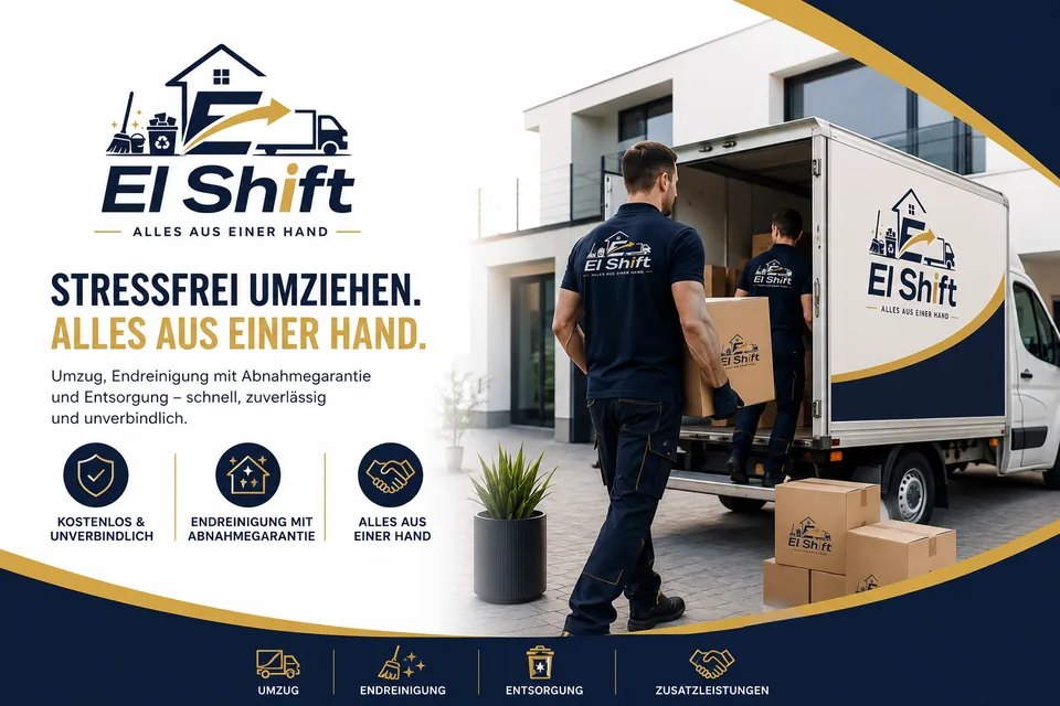 El-Shift-Markenmotiv mit Umzugswagen, Kartons und den Leistungen Umzug, Endreinigung und Entsorgung